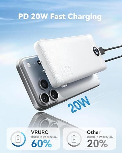 VRURC 10000mAh Portable Phone Charger, Built-in AC Plug & Cables, White | 22.5W fast charging, LED display, built-in Micro/USB-C/Phone cables, airline approved travel accessory,8 oz thumbnail 3