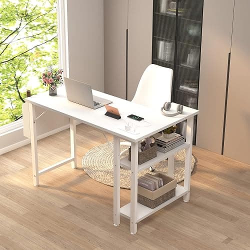 Lufeiya White L Shaped Computer Desk with Power Outlet Shelves, 40 Inch Small Reversible Corner Desk for Small Space Home Office, L-Shaped Desk PC Desks, White thumbnail 4