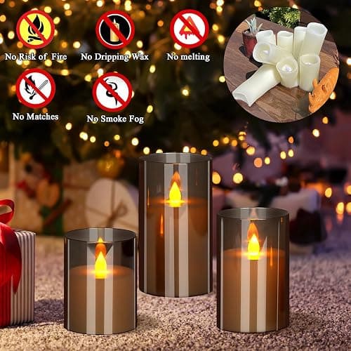 wemarry Flameless Candles 4" 5" 6" Set of 3 Acrylic Glass Pillars 3" Diameter Battery Operated Flickering Candles Include 10-Key Remote with Timer Function 400+ Hours (Gray, Warm Light 3 Pack) thumbnail 2