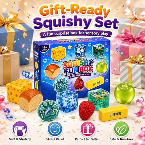 ATDRU 8 PCS Squishy Fun Box, Creative Squishy Box Set, Slow Rising Food & Stress Cube Toys, Soft Fidget Relief Desk Decor Birthday Party Gifts for Adults thumbnail 5
