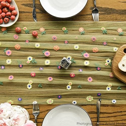 Artoid Mode Green Embroidery Daisy Gauze Table Runner 120 Inch 10FT, Seasonal Sheer Kitchen Dining Holiday Wedding Birthday Table Decor for Home Party - 28" x 120" - Green thumbnail 2