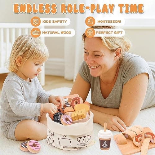 Wooden Bakery Playset Food Toys, Kids Pretend Play Food Baking Set Kitchen Accessories with Storage Bag, Pretend Play Bread Cutting Food for Boys Girls 3+ thumbnail 4