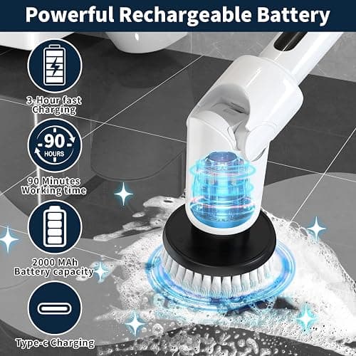 Electric Spin Scrubber - Cordless Cleaning Brush with Digital Display, 2 Speeds, 8 Brush Heads, IPX7 Waterproof, Adjustable Long Handle for Bathroom, Tub, Tile, Shower, and Car thumbnail 4