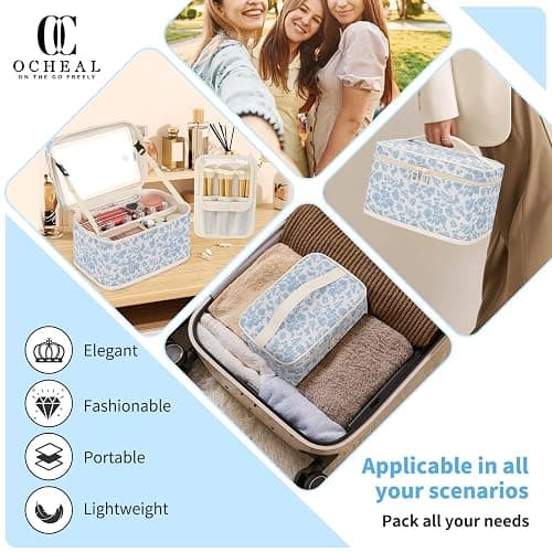 Makeup Bag With LED Mirror, Lightweight Travel Makeup Bag With 3 Color Setting Light Up Mirror Cosmetic Makeup Organizer Vanity Case for Women Beauty Tools Accessories Rechargeable Train Case-Floral thumbnail 7