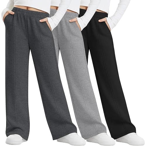 LessonZoo 3 Pack Girls Sweatpants Teen Front Seam Straight Leg Pants Kids Open Bottom Wide Leg Loose Joggers with Pockets - Image 1