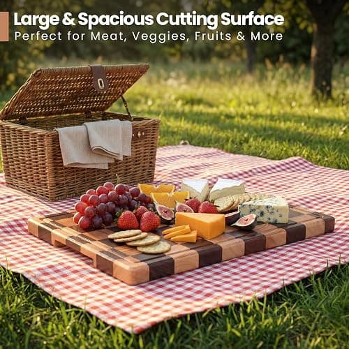 Large Wood Cutting Board-"16.5x11.6”100% Organic Acacia Wood Cutting Board, Checkered Wooden Cutting Board for Kitchen, End Grain Butcher Block with Deep Juice Groove, Built-In Handle & Non-Slip Pads thumbnail 5