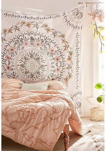 Orange Bohemian Tapestry Wall Hanging, Mandala Floral Medallion Hippie Tapestry with Light Brown Aesthetic Wreath Design, Cream Wall Decor Blanket for Bedroom Home Dorm - Green XXL：(70.9" x 90.6") - Image 1