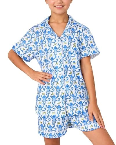 Zelbuck Girls Summer Outfit, Kids 2 Piece Button Down Monkey Beach Shorts Set Ugly Animal Y2k Preppy Loungewear Pjs - Light Blue - 10-11 Years - Image 1