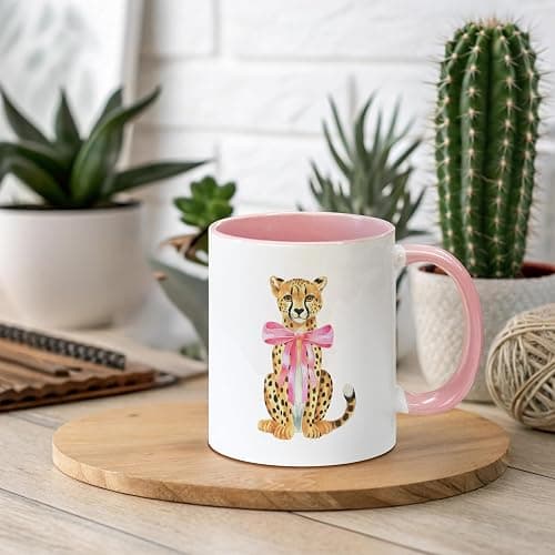 Foyoulame Pink Bow Decor Leopard Coffee Mugs - Leopard Mug, Preppy Coquette Cheetah Coffee Teacup, Trendy Girly Gifts for Women Girls, Pink Preppy Coquette Bow Cheetah Ceramic CoffeeMug 11oz thumbnail 2