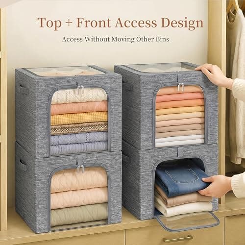 GoMaihe Clothes Storage Bins with Metal Frame for Closet, 40L 6-Pack Grey | Sweaters Hoodies Jeans T-Shirt, Closet Top Shelf Organizer, Steel Frame Collapse-Proof, Stackable, Clear Window, Dual Access thumbnail 5