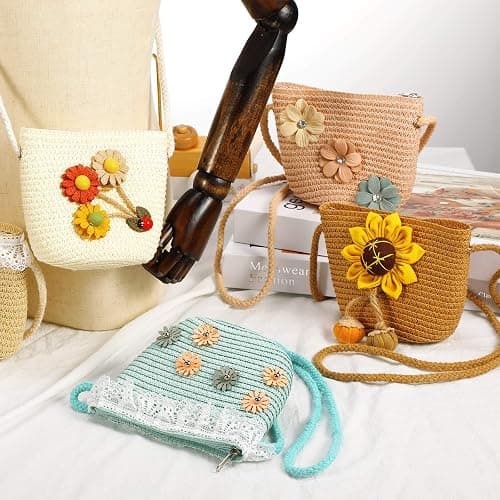 Weewooday 5 Pieces Little Girls Straw Purses Easter Sunflower Straw Shoulder Crossbody Bag Cute Shoulder Girlish Woven Bag for Outdoor Activities, 5 Styles thumbnail 5