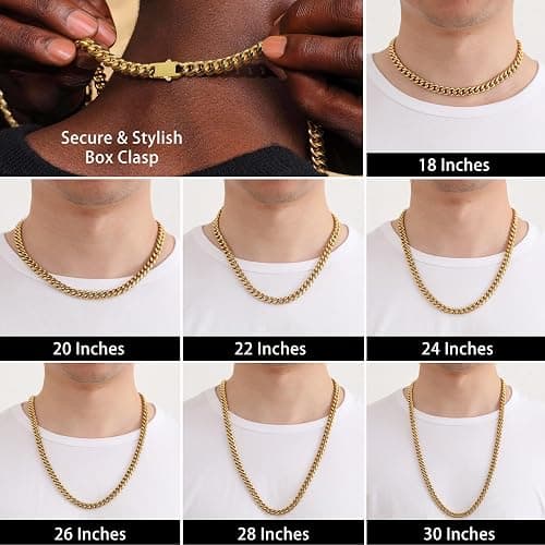 Miami Cuban Link Chain Necklace for Men Women Gold Plated Silver Black Stainless Steel Curb Chain Necklace 5mm/7mm/8mm/9mm/12mm/14mm Width 18 to 30 inch Secure Clasp Hip Hop Jewelry Gifts for Men thumbnail 7