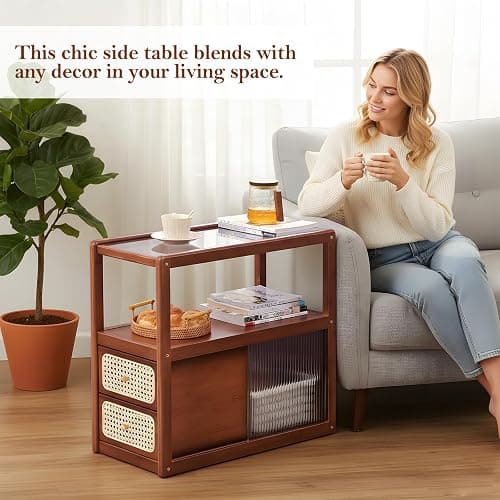 Tiita Rattan Nightstand Side Table, Bamboo Accent Bedside Tables, Glass Coffee Tables, Boho Wooden End Table with Storage for Small Space, Living Room and Bedroom thumbnail 5
