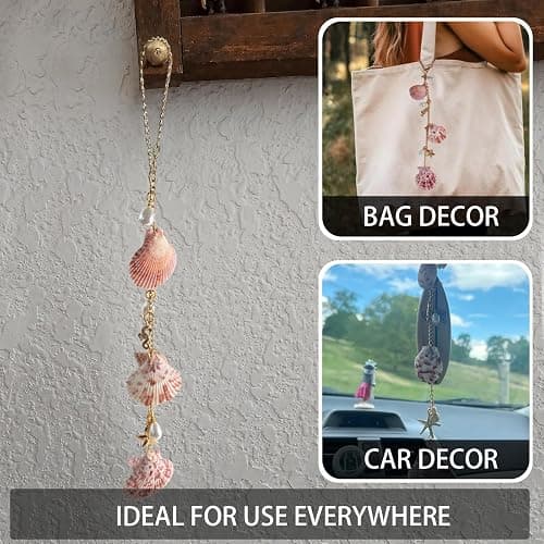Sea Shells Car Decor,Cute Coastal Hanging Car Charm for Rear View Mirror, Boho Beach Themed Pendant,Hand-Made Starfish Conchas Ornament Accessories for Women thumbnail 4