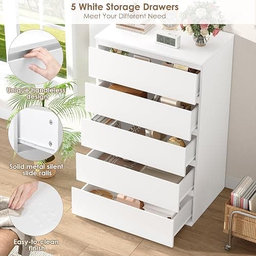 FOTOSOK White Dresser, 5 Drawer Dresser Tall White Dresser with Large Storage Space, Modern Storage Chest of Drawers, 23.6L x 17.6W x 39.1H Inch Storage Organizer Cabinet for Home, White thumbnail 7