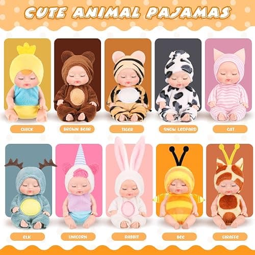 Retrowavy 10 Pcs 4 Inch Mini Baby Dolls Realistic Tiny Baby Doll Animal Clothes Cute Infant Figurine Gifts Set with 10 Pcs Nursing Bottles for Boys Girls Toddlers Kids 3+ Birthday Gift Big Fillers thumbnail 4