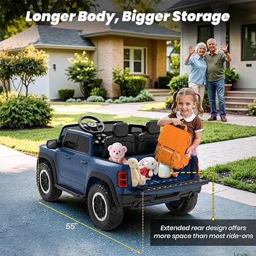Segmart 2 Seater Electric Car Licensed RAM 1500 RHO, 24V Kids Ride On Truck w/Remote Control, Toddler Ride on Car Toys w/LED Lights, Bluetooth, Music, Truck Bed Storage, Soft Start (Blue) thumbnail 6