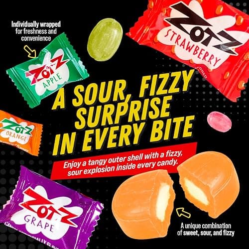 Zotz Fizzy Bulk Candy (Assorted, 100 Units)- Hard Candy Individually Wrapped- Assorted 7 Fruit Flavors, Cherry, Watermelon, Strawberry, Blue Raspberry, Apple, Orange & Grape- From Italy Since 1970 thumbnail 4