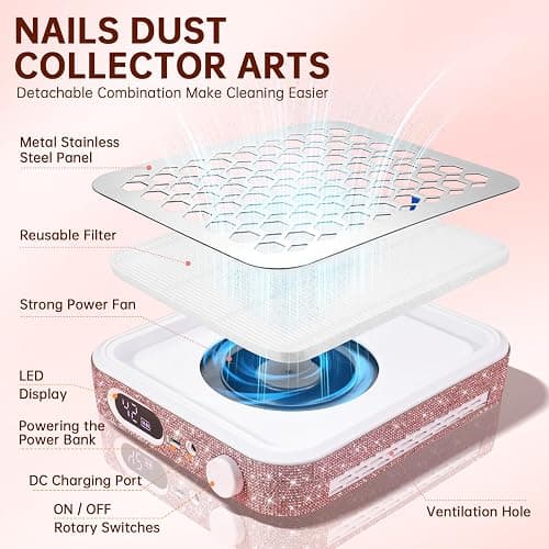 CHRISTINE SHELLY Nail Dust Collector, Rechargeable Dust Collector Nail Tech, Powerful Vacuum Fan Vent Dust Collector Extractor Dust Suction Machine for Acrylic Nails Polishing, Nail Salon&Home, Pink thumbnail 4