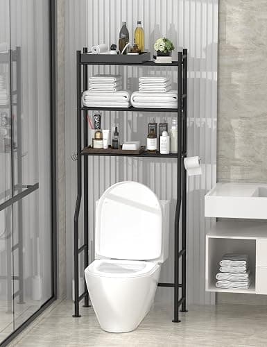Livilord 3-Tier Over The Toilet Storage, Freestanding Metal Bathroom Shelves with 4 Hooks, Over Toilet Storage Shelf with Paper Holder, Above The Toilet Shelf for Bathroom Storage, Black thumbnail 2