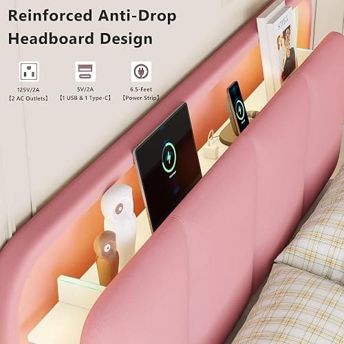 Einhomn Full Size Upholstered Bed Frame with 2 Underbed Drawers & Storage Headboard, Velvet Platform Bed with LED Lights & Charging Station, Sturdy Metal & Wood Structure, Noise-Free,Pink thumbnail 3