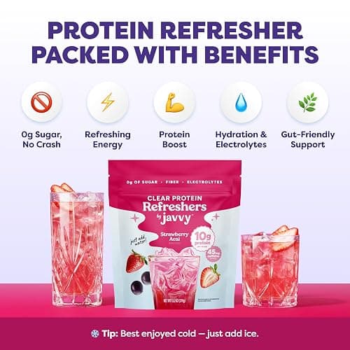 Javvy Clear Protein Powder with Clear Whey Protein, Strawberry Berry Acai | 10g Whey Protein & Collagen Peptides, Electrolyte Powder, Natural Flavors, 0g Sugar, 3g Fiber, 45mg Caffeine thumbnail 4