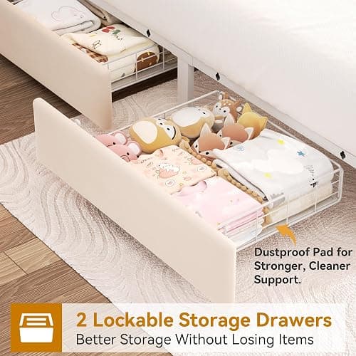 Full Upholstered LED Bed Frame with 2 Storage Drawers and 2-Tier Storage Headboard, Velvet Princess Platform Bed with Charging Station & Bookcase,Heavy Duty Metal Support,No Box Spring Needed,Beige thumbnail 4