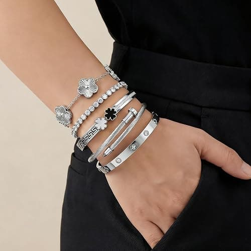 Camhanno Silver Bangle Bracelets for Women - Stainless Steel Stackable Bangles Non-Tarnish Clover Lucky Charm Bracelets, Trendy Gift for Girlfriend/Wife on Christmas Valentine’s Birthday thumbnail 3