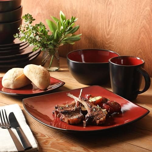 Gibson Elite Soho Lounge Square 16-Piece Dinnerware Set, Service for 4, Reactive Glaze Stoneware Plates and Bowls, Modern Dishes, Microwave & Dishwasher Safe – Red and Black thumbnail 2