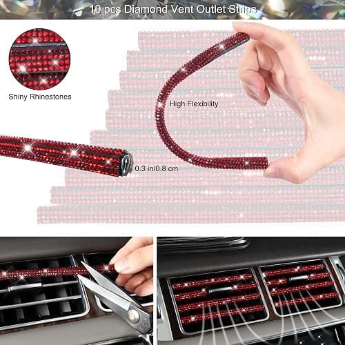 CAR PASS 30 PCS Bling Diamond Car Accessories Set for Women, Bling Steering Wheel Covers 15 Inch, Shining Rhinestone License Plate Frame, Sparkly Phone Holder, Cute Interior Set Decorations, Red thumbnail 8