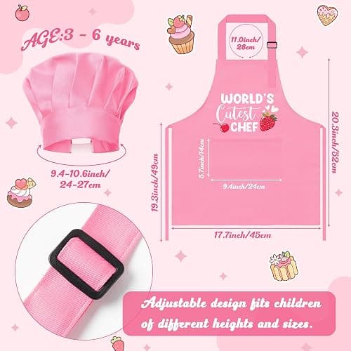 R HORSE Kid Apron and Chef Hat Set 2Pcs Adjustable Pink Children Kitchen Apron, Waterproof Dress up Role Play Chef Toy Funny Cooking Baking Painting and Training Kits for Kids Birthday Party Gift thumbnail 2