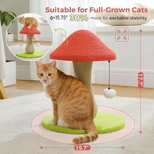 PETEPELA Mushroom Cat Scratching Post, Cat Scratcher Cute with 100% Sisal Covered Scratching Post & Pompoms Toy, Mushroom Cat Post for Indoor Cats thumbnail 3