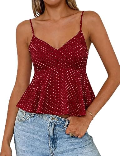 Lingswallow Women's Polka Dot Top Babydoll Tank Top V Neck Top for Summer | Retro Polka Dot, Cropped Babydoll, V Neck Camisole, Flowy Pleated Peplum Hem, Adjustable Shoulder Straps, Daily Casual Wear - Image 1