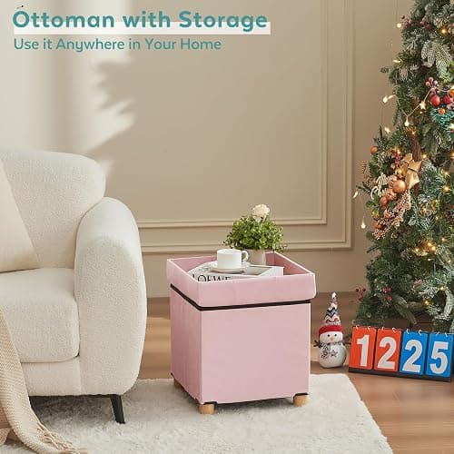 BRIAN & DANY 15" Small Ottoman with Storage Cube, Square Storage Ottoman Foot Stool with Wood Legs, Velvet Ottomans for Living Room, Bedroom, Dorm, Pink thumbnail 6