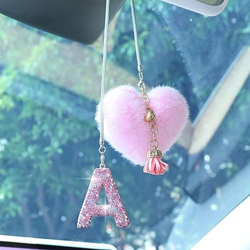 MOTOFITOOL Bling Pink Car Accessories for Women Letter Charm, Rainbow Color Rear View Mirror Cute Crystal Pendant Car Decorations, Lucky Gifts Diamond Rhinestone Charm Interior(A, Tassel Heart) - Image 1