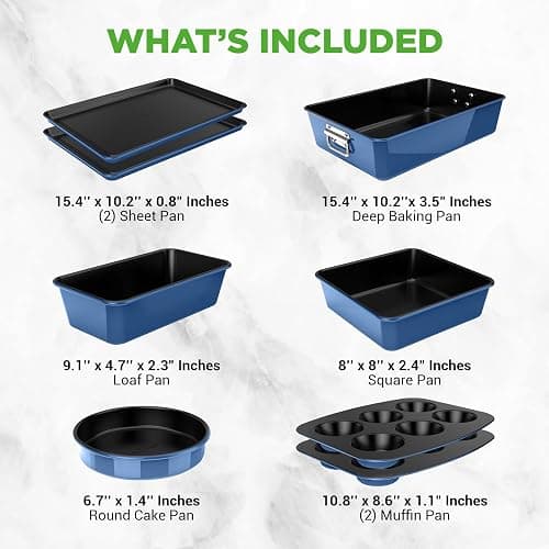 NutriChef 8-Piece Nonstick Stackable Bakeware Set - PFOA, PFOS, PTFE Free Baking Tray Set w/Non-Stick Coating, 450°F Oven Safe, Round Cake, Loaf, Muffin, Wide/Square Pans, Cookie Sheet (Blue) thumbnail 8