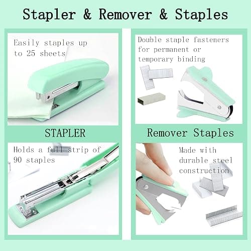 Dimonluce Green Office Supplies, Teal Desk Accessories Accessories with Tape Dispenser, Stapler, Staple Remover, 1000 Staples, Tape, Clips Set, Ruler, Scissor, Pen thumbnail 3