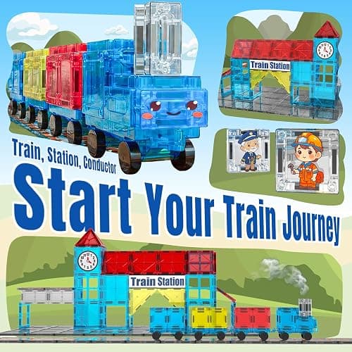 SKTMYY Magnetic Tiles Train Toys, Train Station Magnet Tiles for Kids Ages 4-8 with Magnetic Tiles Cars, Preschool Classroom Educations STEM Learning Montessori Toys Gifts for Toddler Boys and Girls thumbnail 2