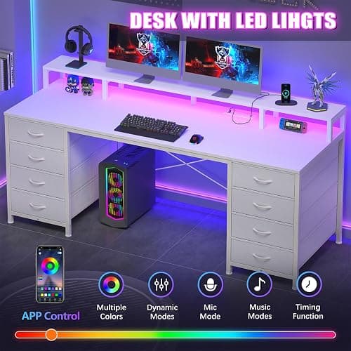 YOMILUVE 60 Inch Computer Desk with 8 Fabric Drawers, Gaming Desk with LED Lights & Power Outlets, Home Office Desk with Monitor Stand, White thumbnail 5