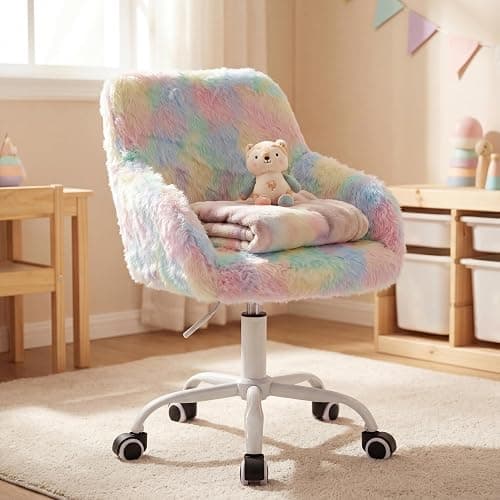 LukeAlon Kids Adjustable Desk Chair, Furry Study Chair with Swivel Base Cute Faux Fur Reading Chair Comfy Upholstered Computer Chair with Arms for Girls Children, Light Colorful thumbnail 7