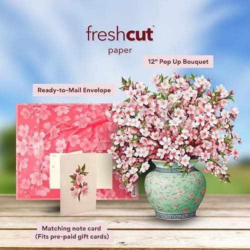 Freshcut Paper Pop Up Cards, Japanese Cherry Blossoms, 12 Inch Life Sized Forever Flower Bouquet 3D Popup Greeting Card, Birthday Cards, Thank You Card, Blank Notecard & Envelope thumbnail 3
