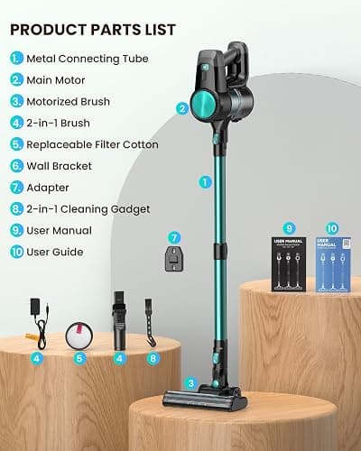 Blozor N3T Cordless Vacuum Cleaner,Wireless Stick Vacuum with 40mins Runtime,Self-Standing,Anti-Tangle Brush,Rechargeable Lightweight Vacuum Cleaner for Home,Hardwood Floor,Pet Hair, Carpet-Mint Green thumbnail 9