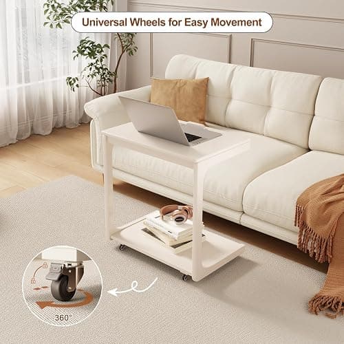 AQIMUELE Wooden C-Shaped End Table,Couch Table with Adjustable Desktop,Small Rolling Side Table with 2 Lockable Wheels 23.36" Width,Small End Table for Couch, Living Room,Bedroom (White) - 15.6"D x 23.6"W x 24.8"H - Modern 2 Tier - White thumbnail 5