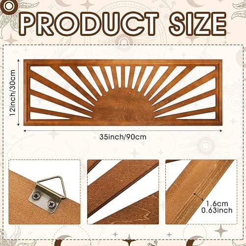 Burbell Sun Wall Art Decor 35'' x 12'' Large Boho Sun Wall Decor Wooden Horizontal Vintage Bohemian Hanging Rectangle Panoramic Above Bed Decoration for Bedroom Home(Dark Brown) thumbnail 2