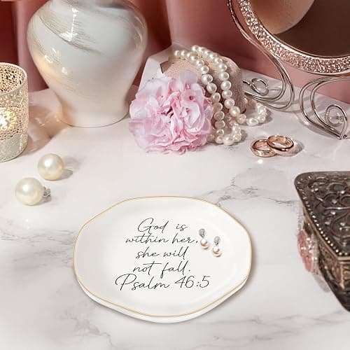 MQPPKJ Christian Gifts for Women, Bible Verse Ceramic Jewelry Dish Trinket Ring Tray, Inspirational Floral Gift for Mom Sister Friend Birthday Christmas-God is within Her Psalm 46: 5 (White-46:5) thumbnail 4