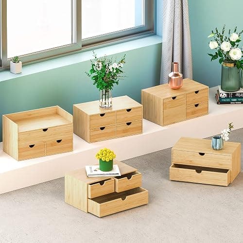 Wisuce Bamboo Desk Organizer, Mini Desktop Drawer Tabletop Storage Organization Box for Office Home Toiletries Supplies Vanity, No Assembly Required (3 Drawer with Shelf) thumbnail 8
