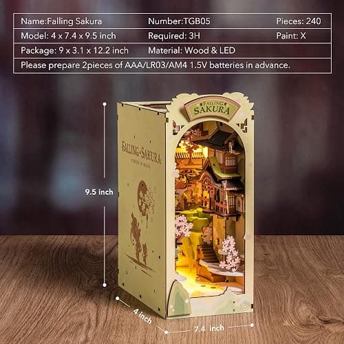 Rowood Book Nook Kits for Adults,3D Wooden Puzzle Bookend,Bookshelf Decor Insert Alley,DIY Miniature Booknook Model Craft Kits for Adults,Gifts with LED on Birthday Christmas(Falling Sakura) thumbnail 3