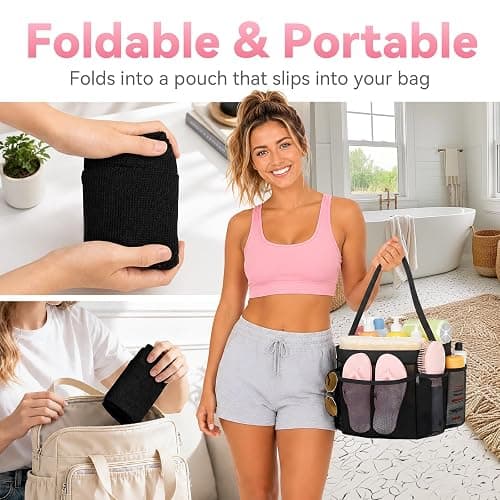 YASONIC Mesh Shower Caddy Portable for Dorm College Room Essentials, 8-Pocket Large Shower Bag with Single Handles, Hanging Shower Basket for Beach, Swimming, Bathroom, Beach, Black thumbnail 3