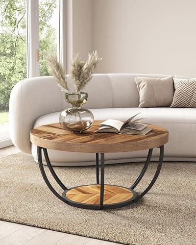LITTLE TREE Round Coffee Table, 32" Circle Coffee Table for Living Room, 2-Tier Wood Accent Center Table with Open Storage Industrial Design Home Furniture (Wood Grain and Black) thumbnail 4