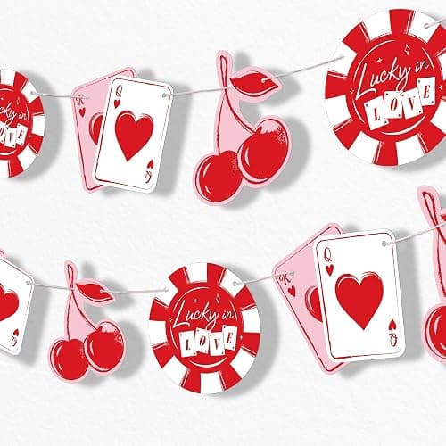 Big Dot of Happiness Lucky in Love Garland Banner, Las Vegas Bachelorette Party Decor, 30 Feet of Cord, 15 Double-Sided Red & Pink Retro Cherry, Poker Chip, Queen of Heart Playing Card Pieces - Image 1